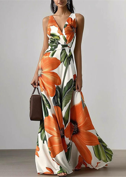 Women Orange Print Exra Large Hem Chiffon Party Dresses Summer