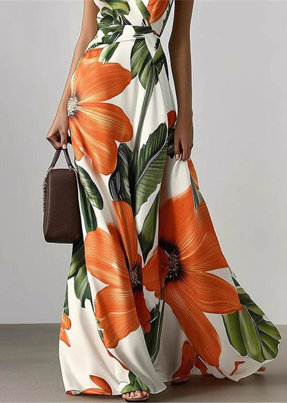 Women Orange Print Exra Large Hem Chiffon Party Dresses Summer