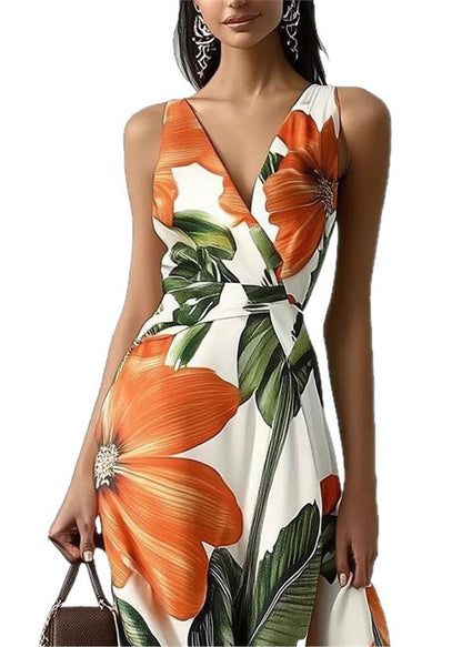 Women Orange Print Exra Large Hem Chiffon Party Dresses Summer