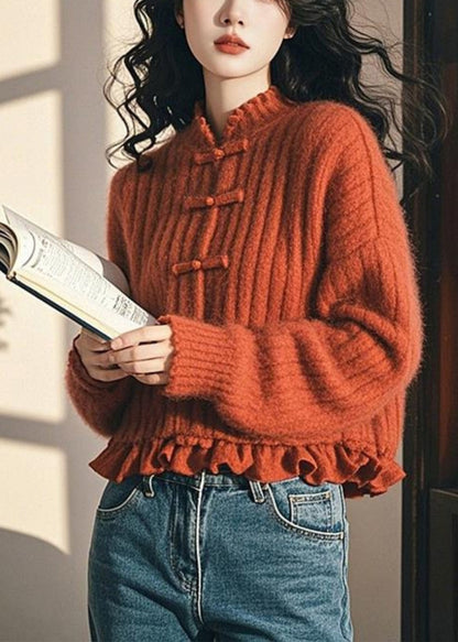 Women Orange Ruffled Button Cozy Cotton Knit Coat Fall