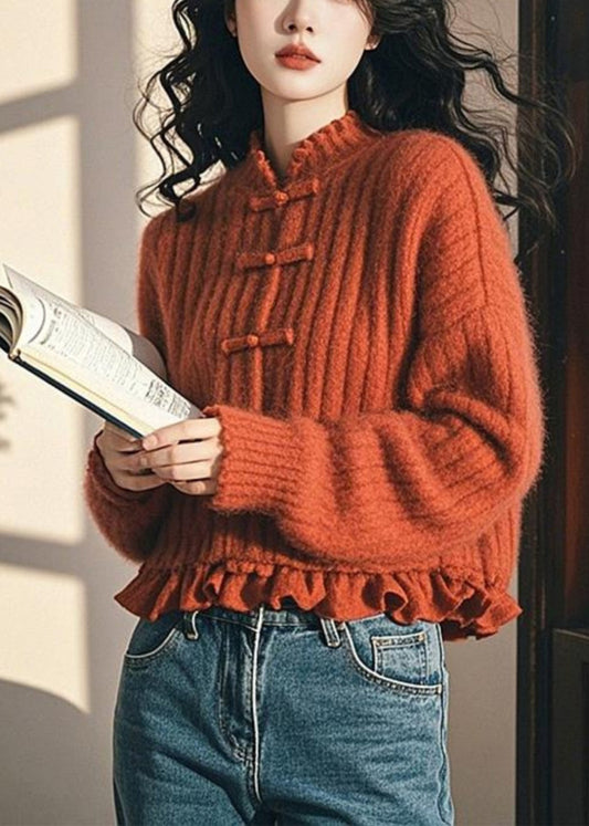 Women Orange Ruffled Button Cozy Cotton Knit Coat Fall