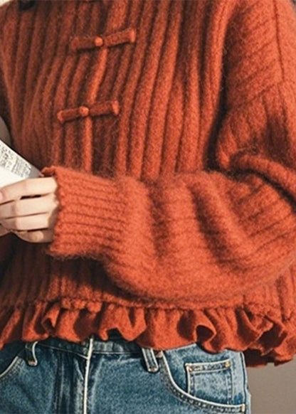 Women Orange Ruffled Button Cozy Cotton Knit Coat Fall