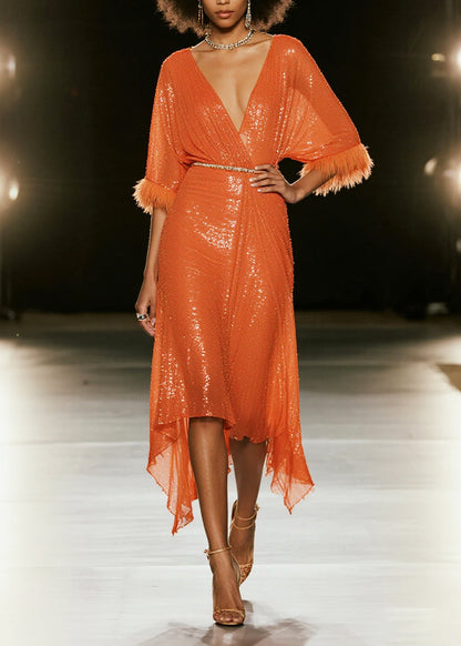 Women Orange Sequins Patchwork Faux Fur Vacation Dresses Summer