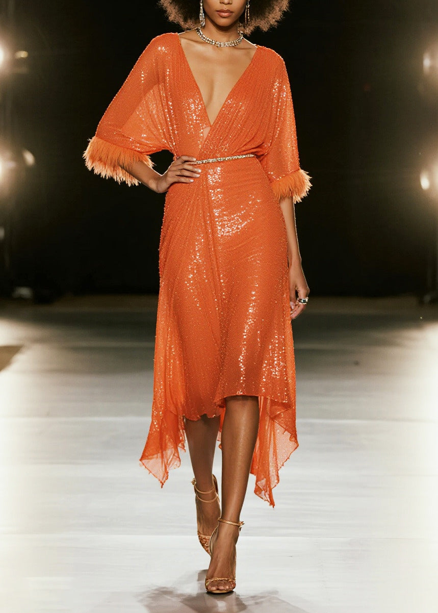 Women Orange Sequins Patchwork Faux Fur Vacation Dresses Summer