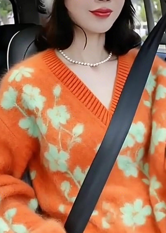 Women Orange V Neck Jacquard Knitted Short Sweater Winter