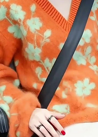 Women Orange V Neck Jacquard Knitted Short Sweater Winter