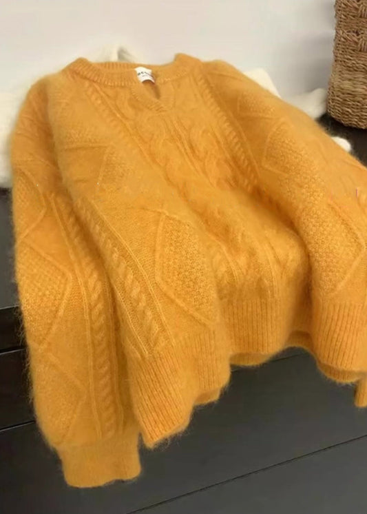 Women Orange V Neck Thick Cable Knit Sweater Winter