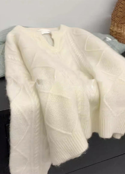 Women Orange V Neck Thick Cable Knit Sweater Winter