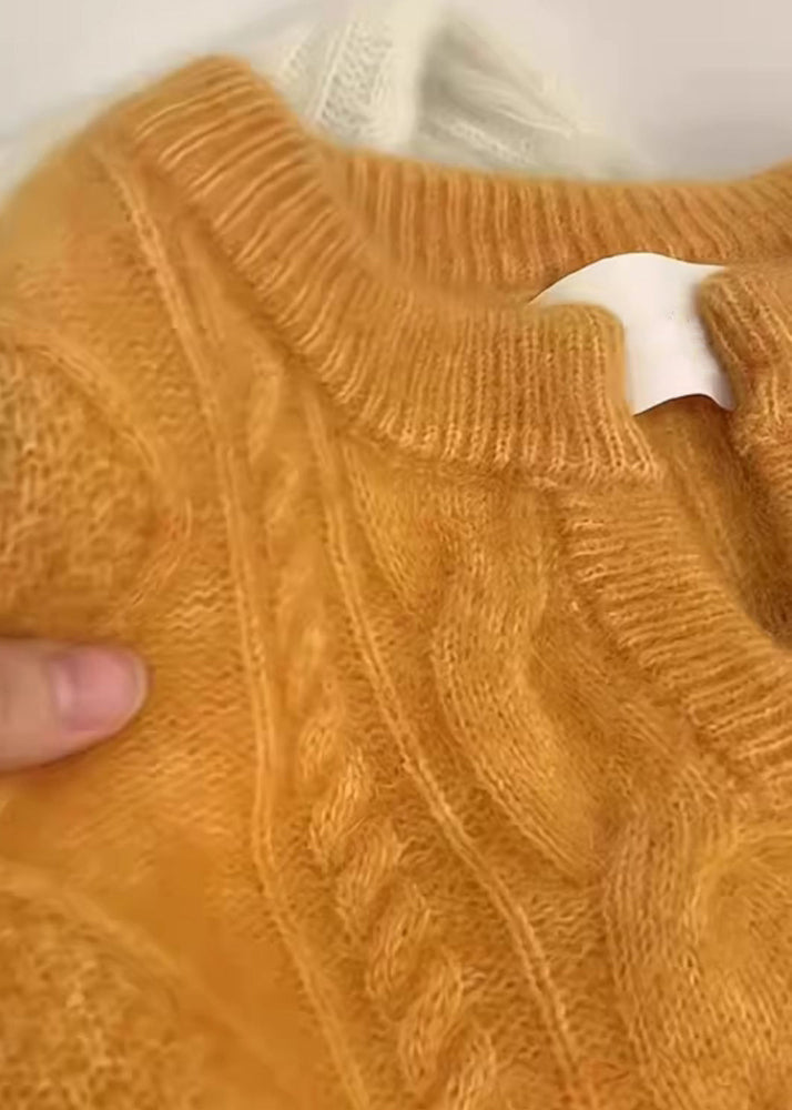 Women Orange V Neck Thick Cable Knit Sweater Winter