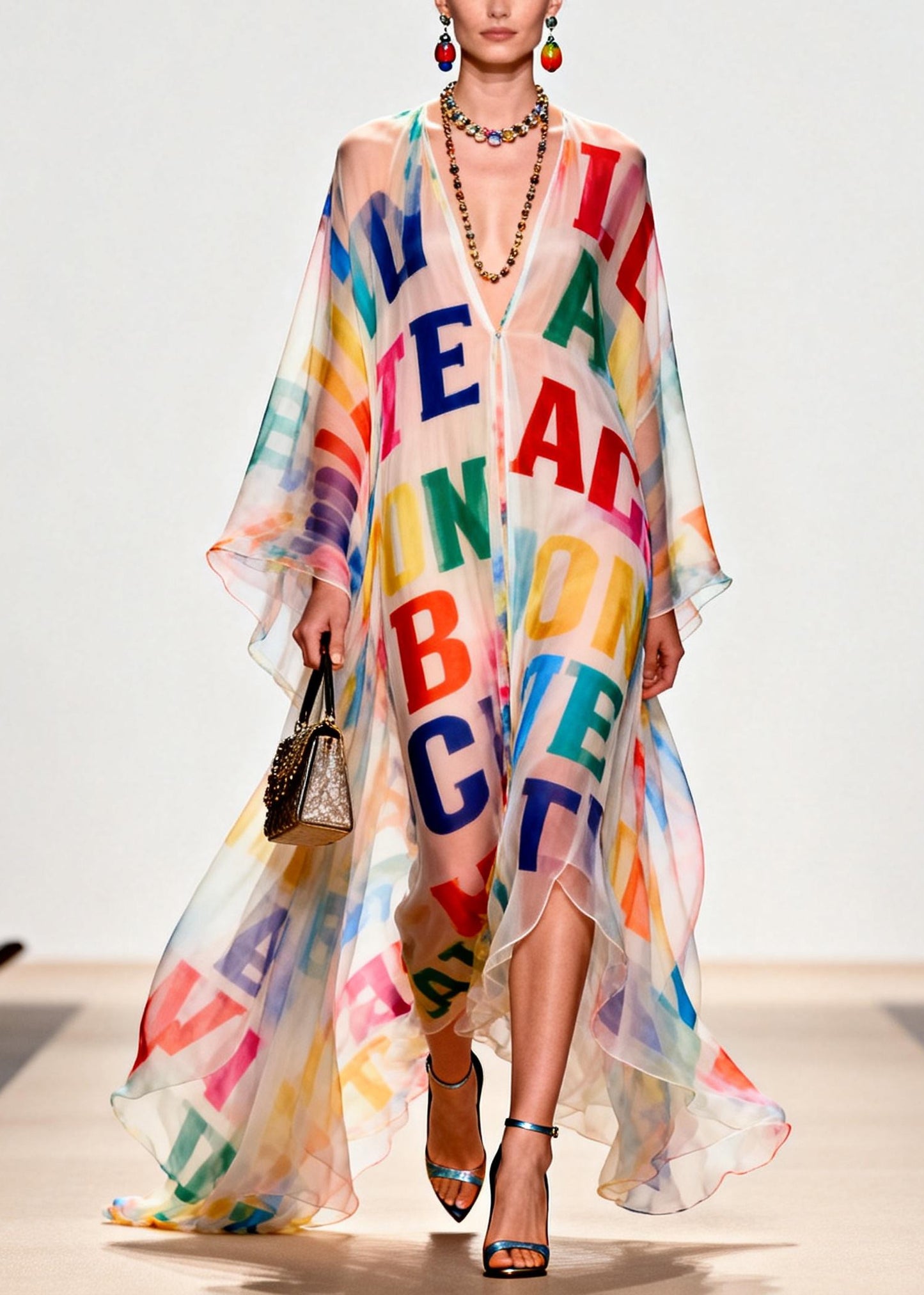 Women Oversized Letter Print Exra Large Hem Chiffon Beach Dress Summer