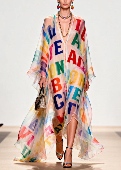Women Oversized Letter Print Exra Large Hem Chiffon Beach Dress Summer