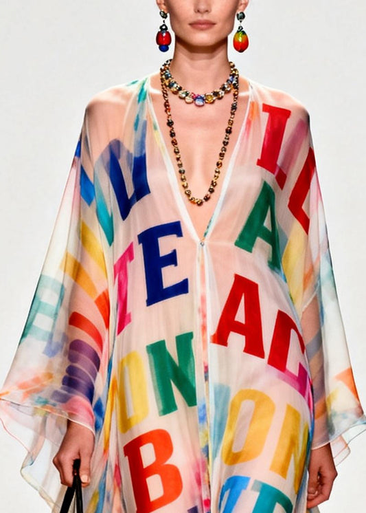 Women Oversized Letter Print Exra Large Hem Chiffon Beach Dress Summer