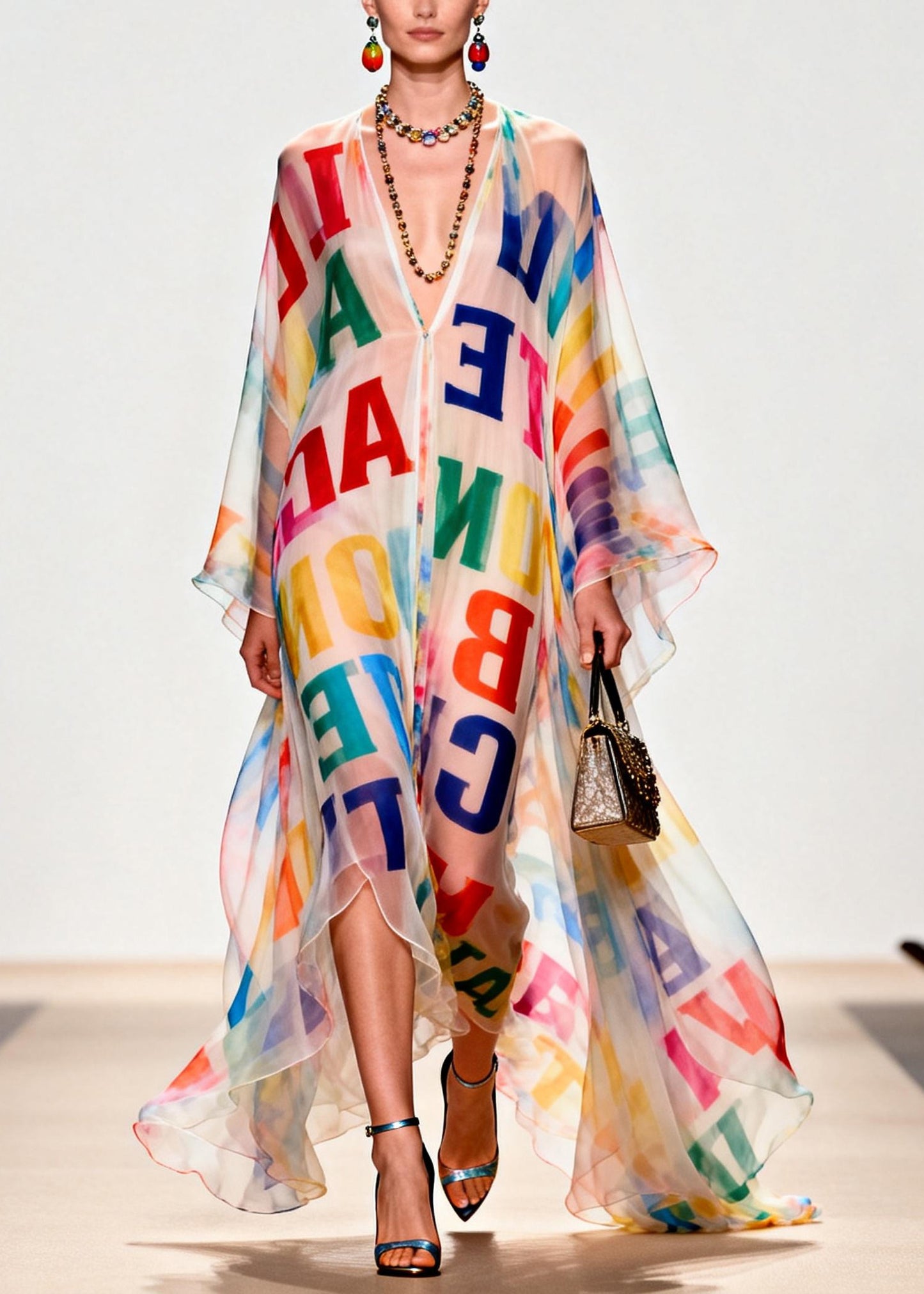 Women Oversized Letter Print Exra Large Hem Chiffon Beach Dress Summer