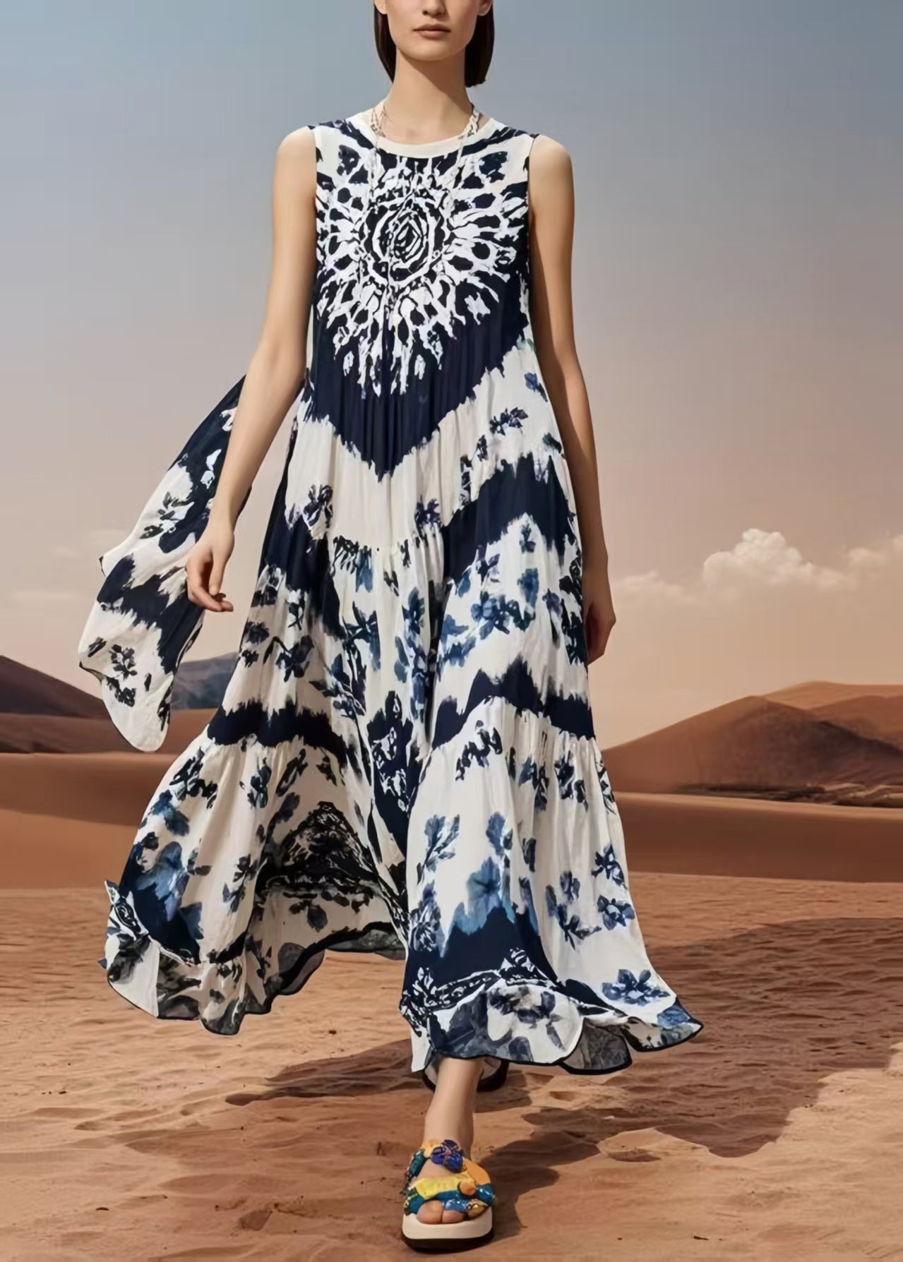 Women Oversized Print Cotton Vacation Dresses Sleeveless