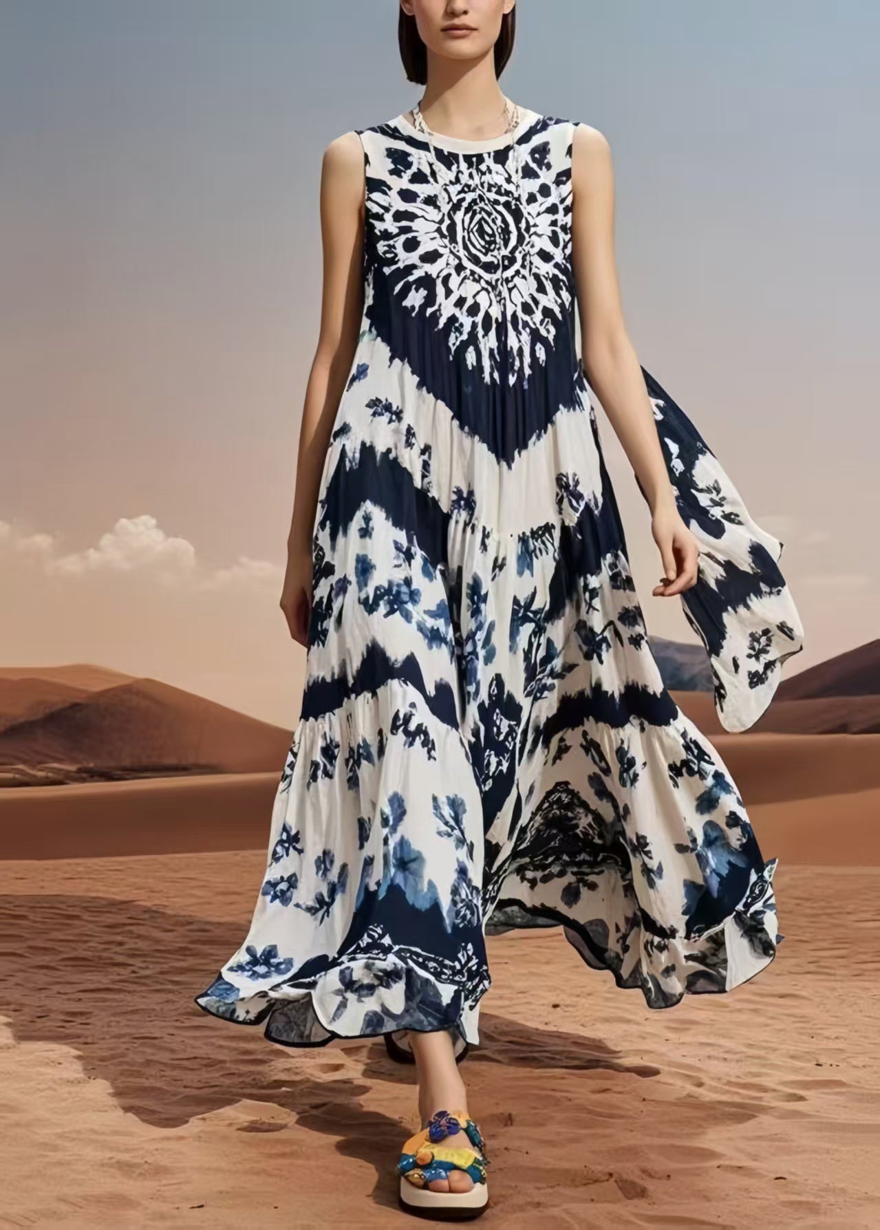 Women Oversized Print Cotton Vacation Dresses Sleeveless