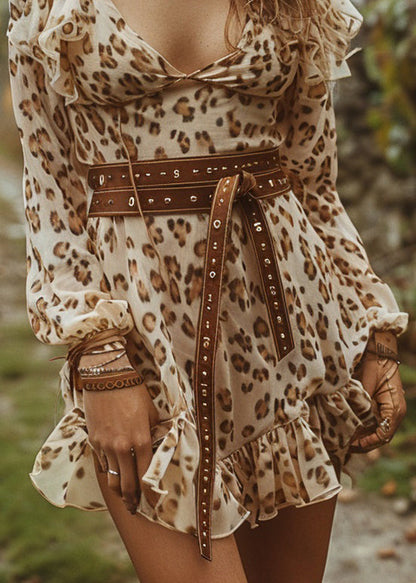 Women Pastoral Leopard Style Long Sleeve Short Dresses