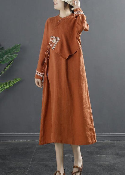Women Patchwork Clothes Tutorials Orange Embroidery Robes Dress - SooLinen