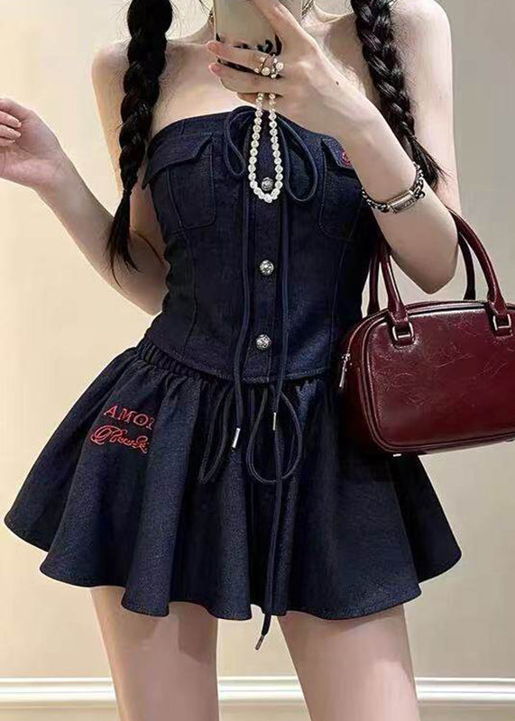 Women Patchwork Tie Lace Top And A Line Skirts Two Piece Set Summer