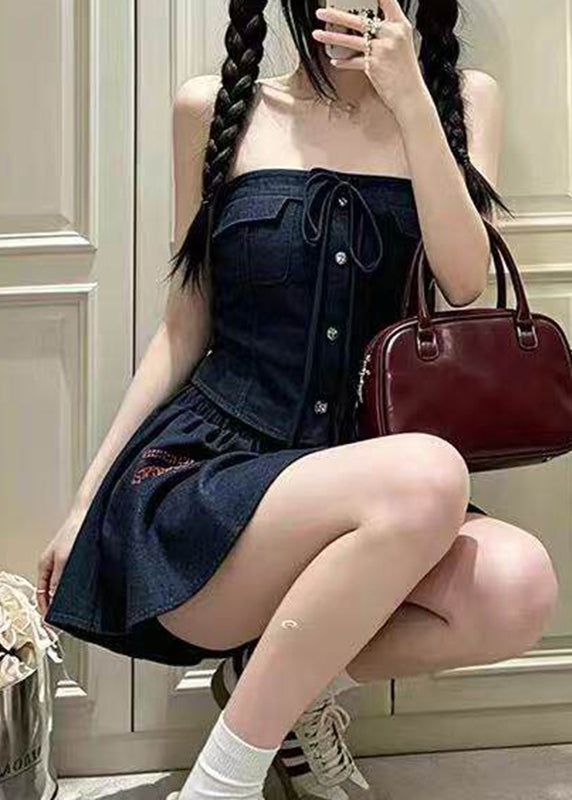Women Patchwork Tie Lace Top And A Line Skirts Two Piece Set Summer