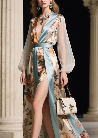 Women Patchwork Tie Waist Silk Long Dresses Lantern Sleeve