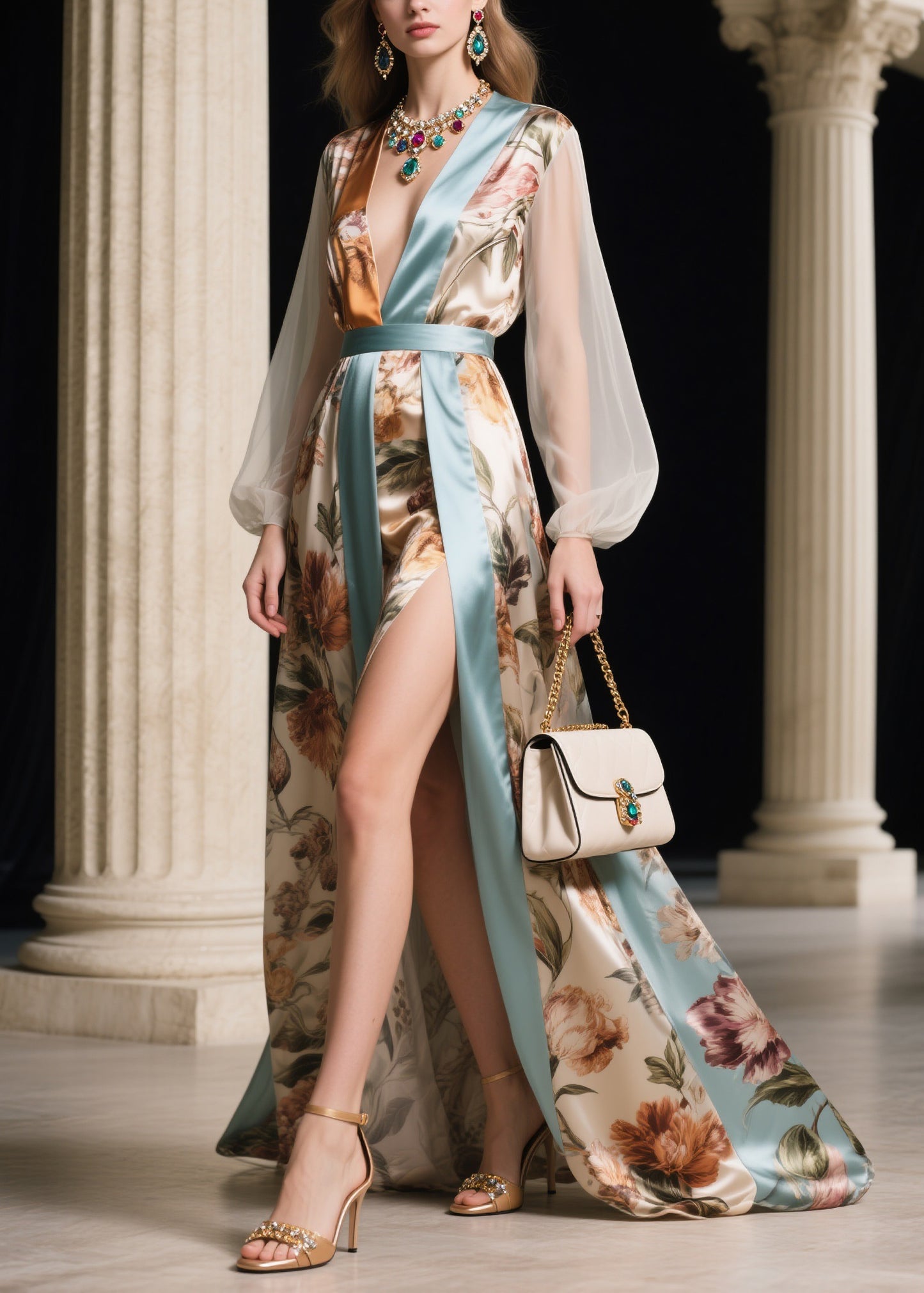 Women Patchwork Tie Waist Silk Long Dresses Lantern Sleeve