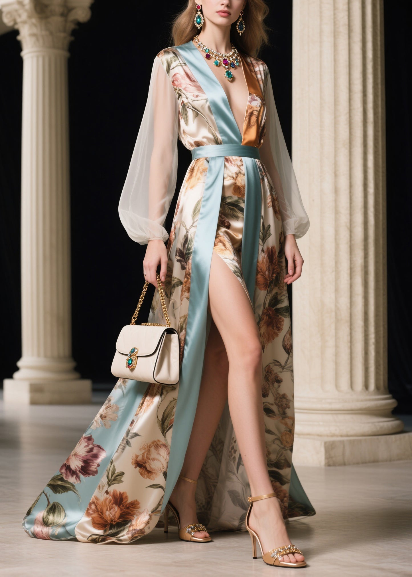 Women Patchwork Tie Waist Silk Long Dresses Lantern Sleeve
