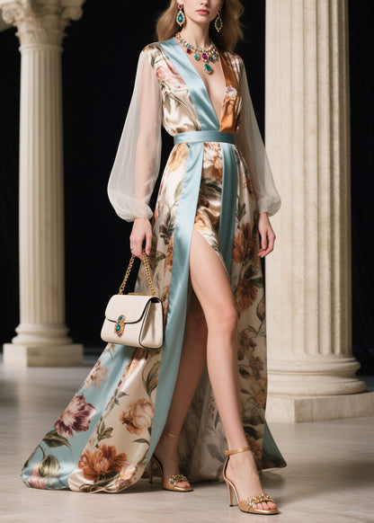Women Patchwork Tie Waist Silk Long Dresses Lantern Sleeve