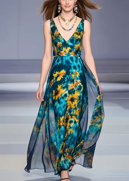 Women Peacock Blue Chrysanthemum Print Chiffon Dress Summer