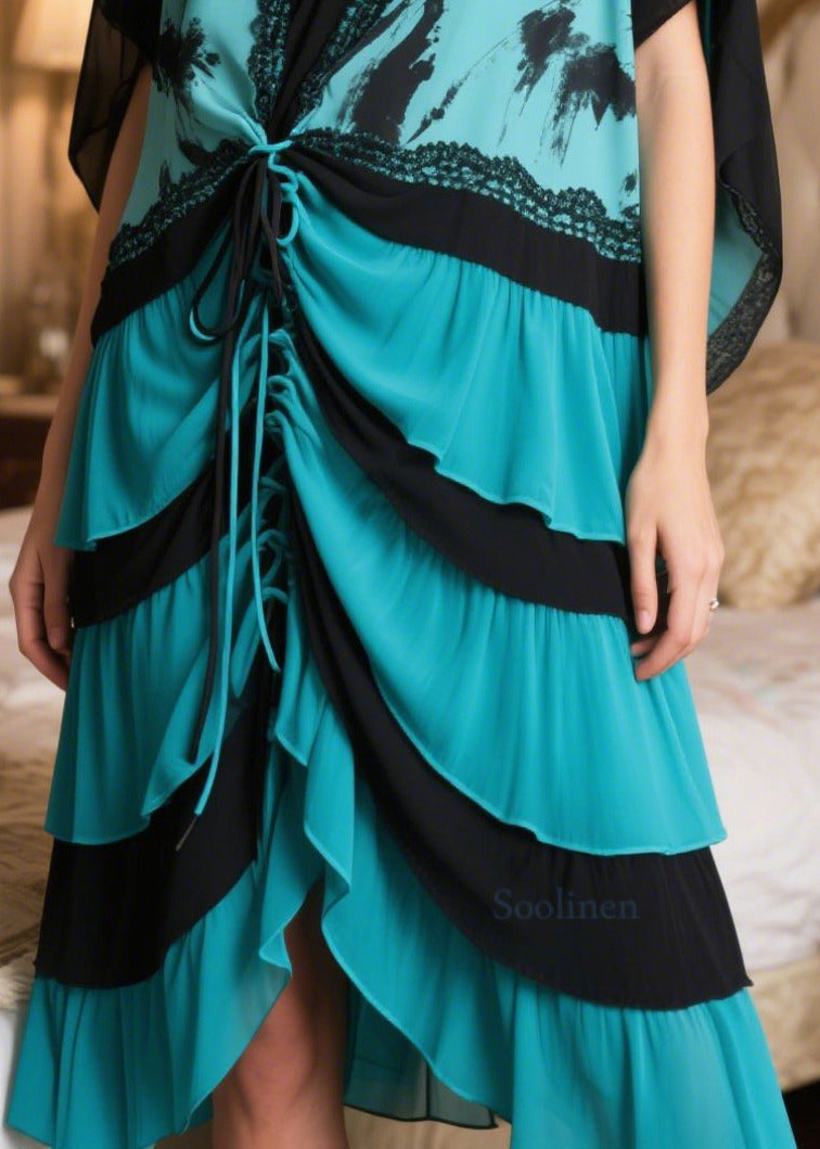 Women Peacock Blue Cinched Patchwork Chiffon Vacation Dresses Summer