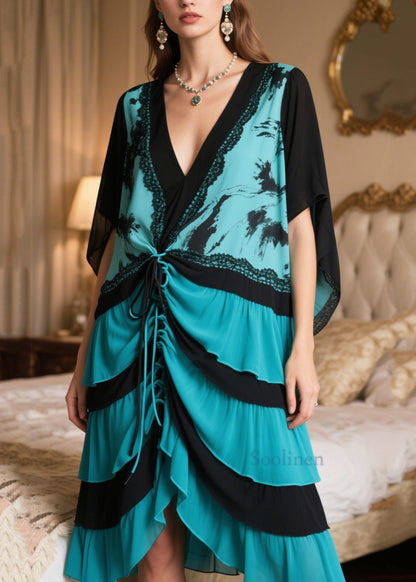 Women Peacock Blue Cinched Patchwork Chiffon Vacation Dresses Summer