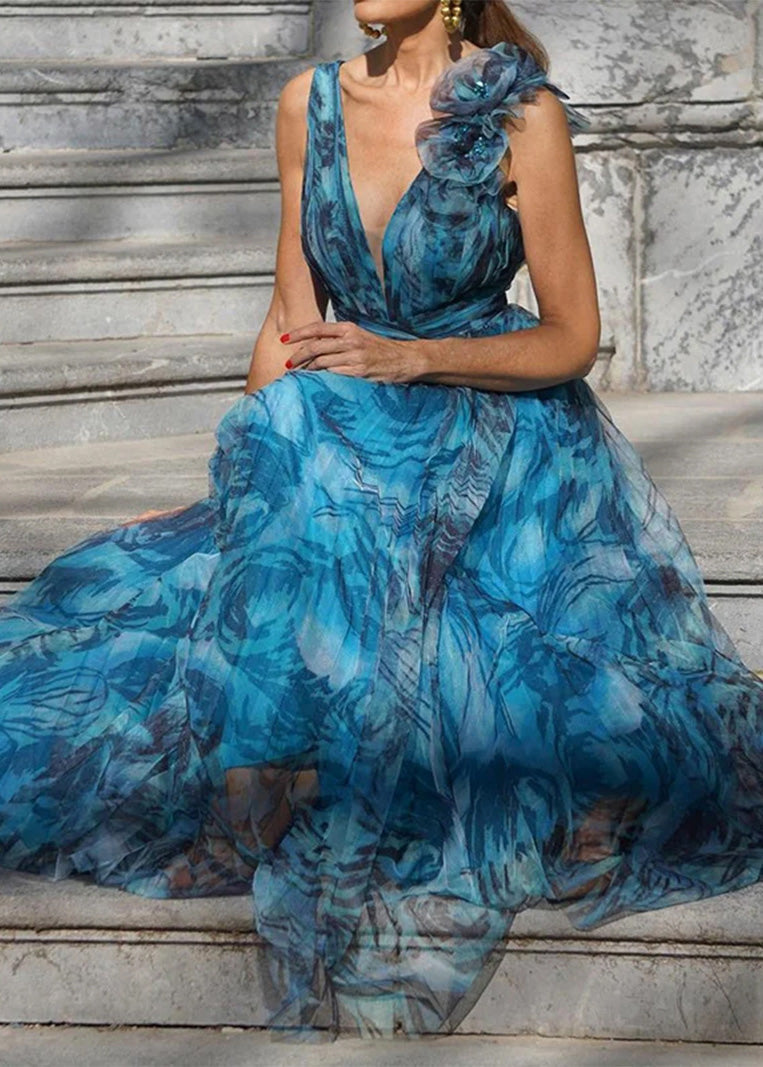 Women Peacock Blue O Neck Print Chiffon Holiday Dress Summer