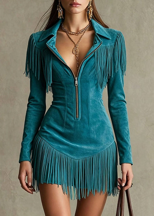Women Peacock Blue Peter Pan Collar Zippered Tassel Holiday Faux Suede Mid Dress Fall