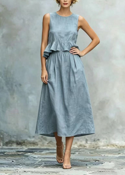 Women Peacock Blue Ruffles Cotton Holiday Dress Sleeveless