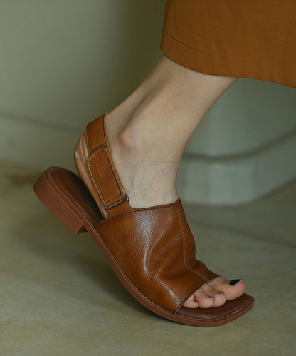 Women Peep Toe Sandals Brown Cowhide Leather