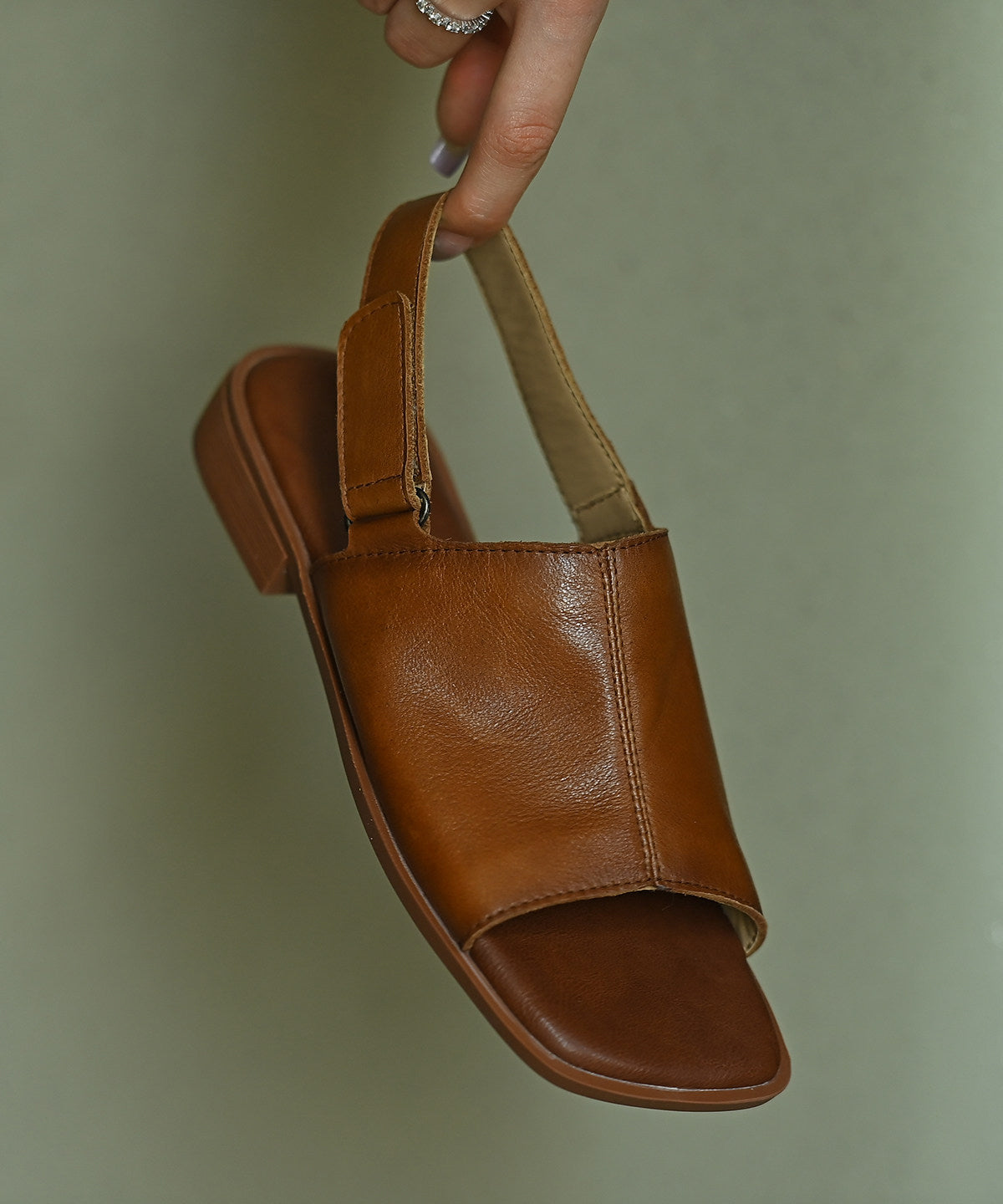 Women Peep Toe Sandals Brown Cowhide Leather