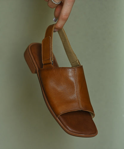 Women Peep Toe Sandals Brown Cowhide Leather