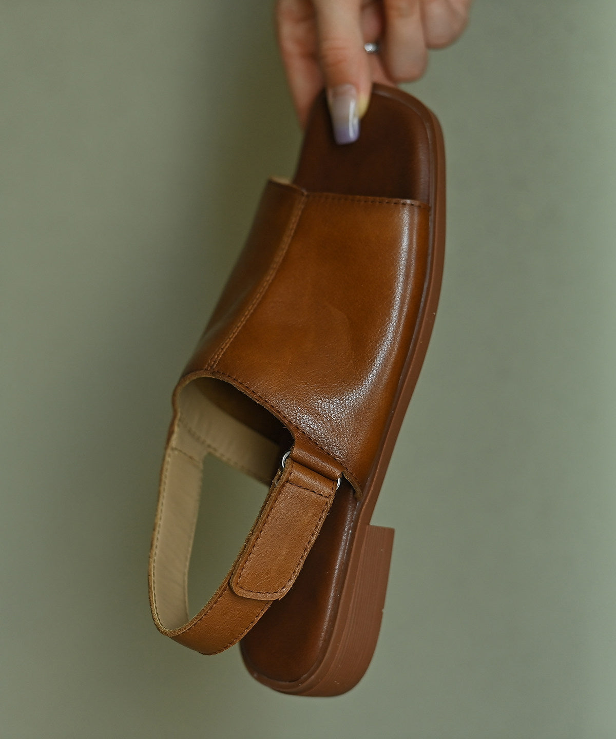 Women Peep Toe Sandals Brown Cowhide Leather