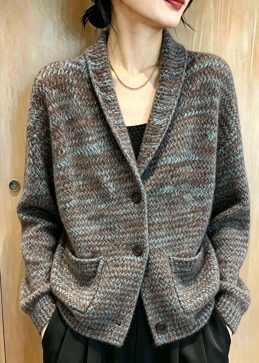 Women Peter Pan Collar Cotton Pockets Knit Cardigan Long Sleeve