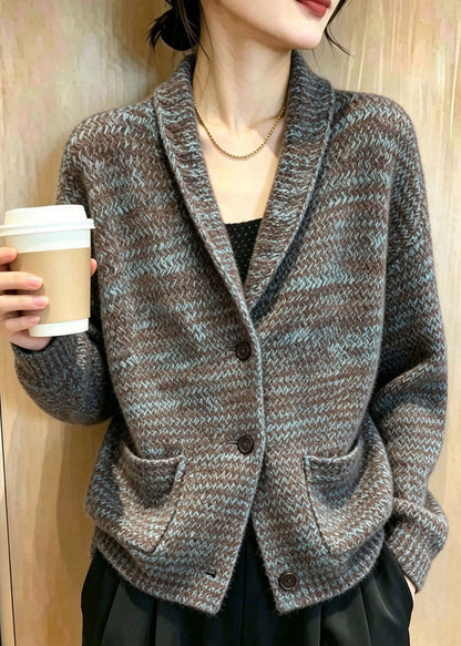 Women Peter Pan Collar Cotton Pockets Knit Cardigan Long Sleeve
