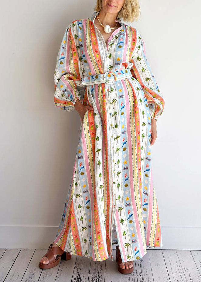 Women Peter Pan Collar Print Sashes Cotton Dress Long Sleeve