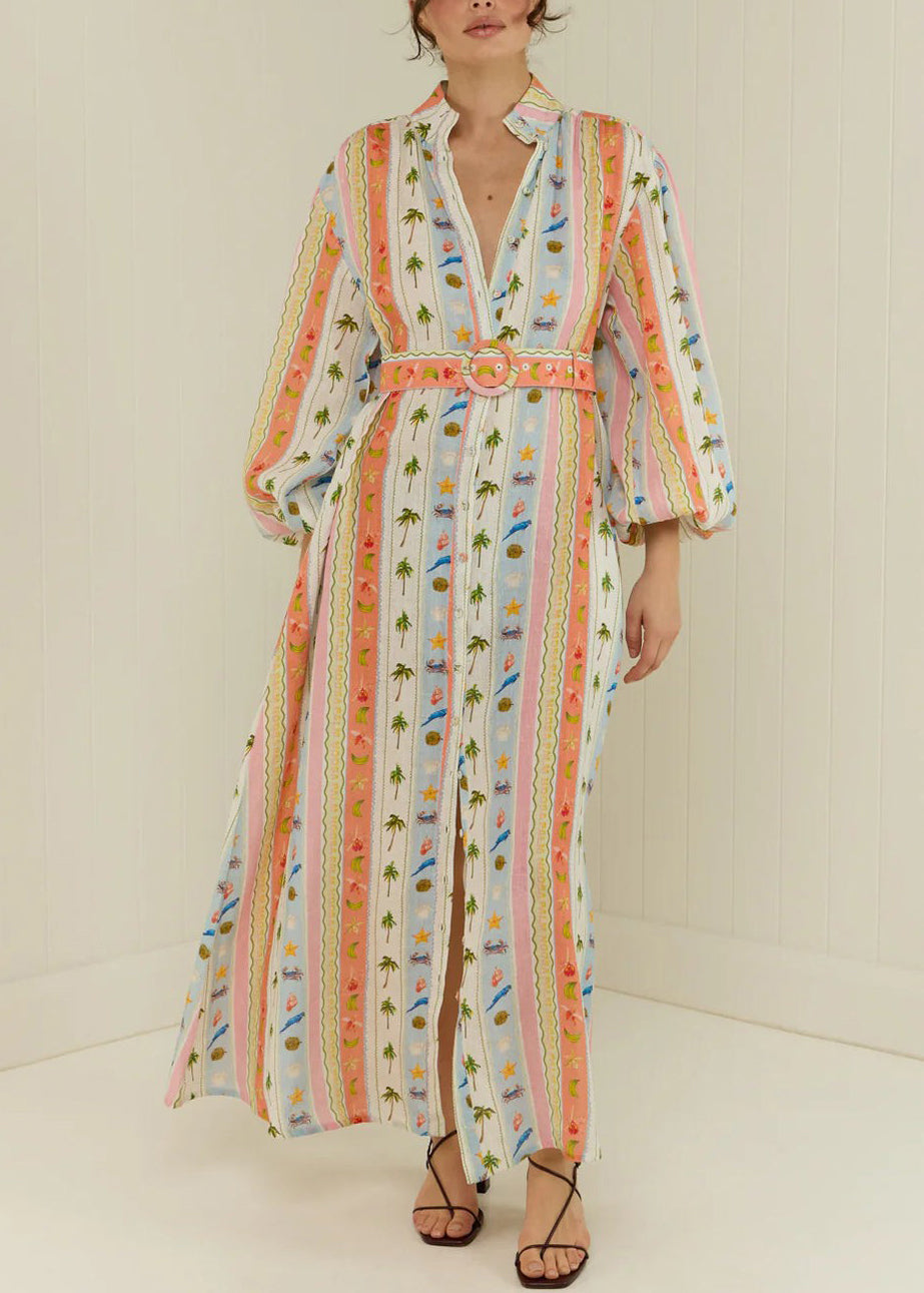 Women Peter Pan Collar Print Sashes Cotton Dress Long Sleeve