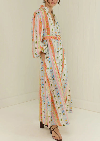 Women Peter Pan Collar Print Sashes Cotton Dress Long Sleeve