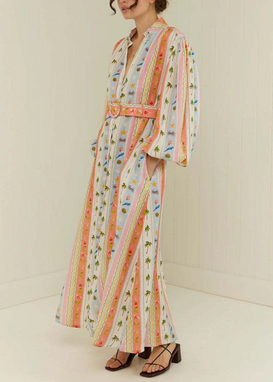 Women Peter Pan Collar Print Sashes Cotton Dress Long Sleeve