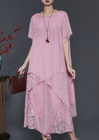 Women Pink Asymmetrical Patchwork Lace Chiffon Two Pieces Set Summer