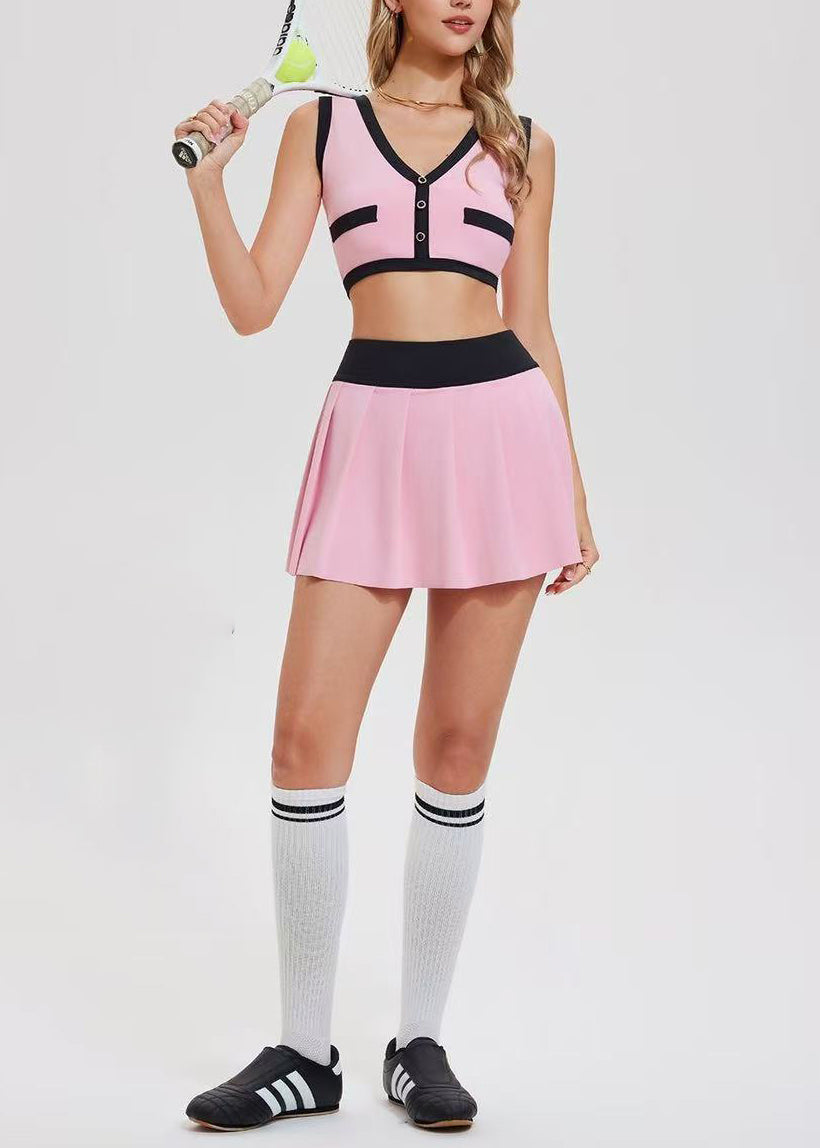 Women Pink Breathable Built-In Shorts Sleeveless Tennis Sportswear Two Piece Set