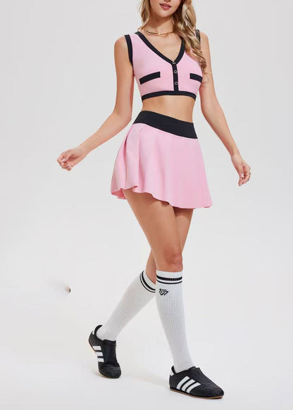 Women Pink Breathable Built-In Shorts Sleeveless Tennis Sportswear Two Piece Set