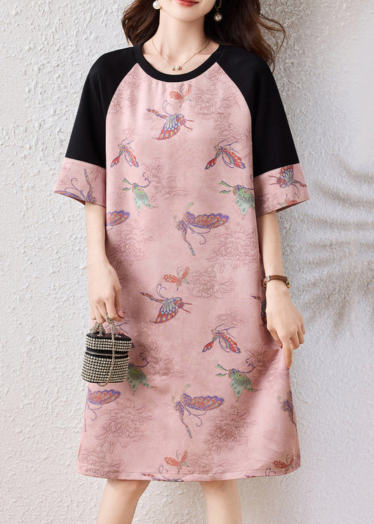 Women Pink Butterfly Patchwork Cotton A Line Dresses Half Sleeve