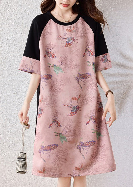 Women Pink Butterfly Patchwork Cotton A Line Dresses Half Sleeve