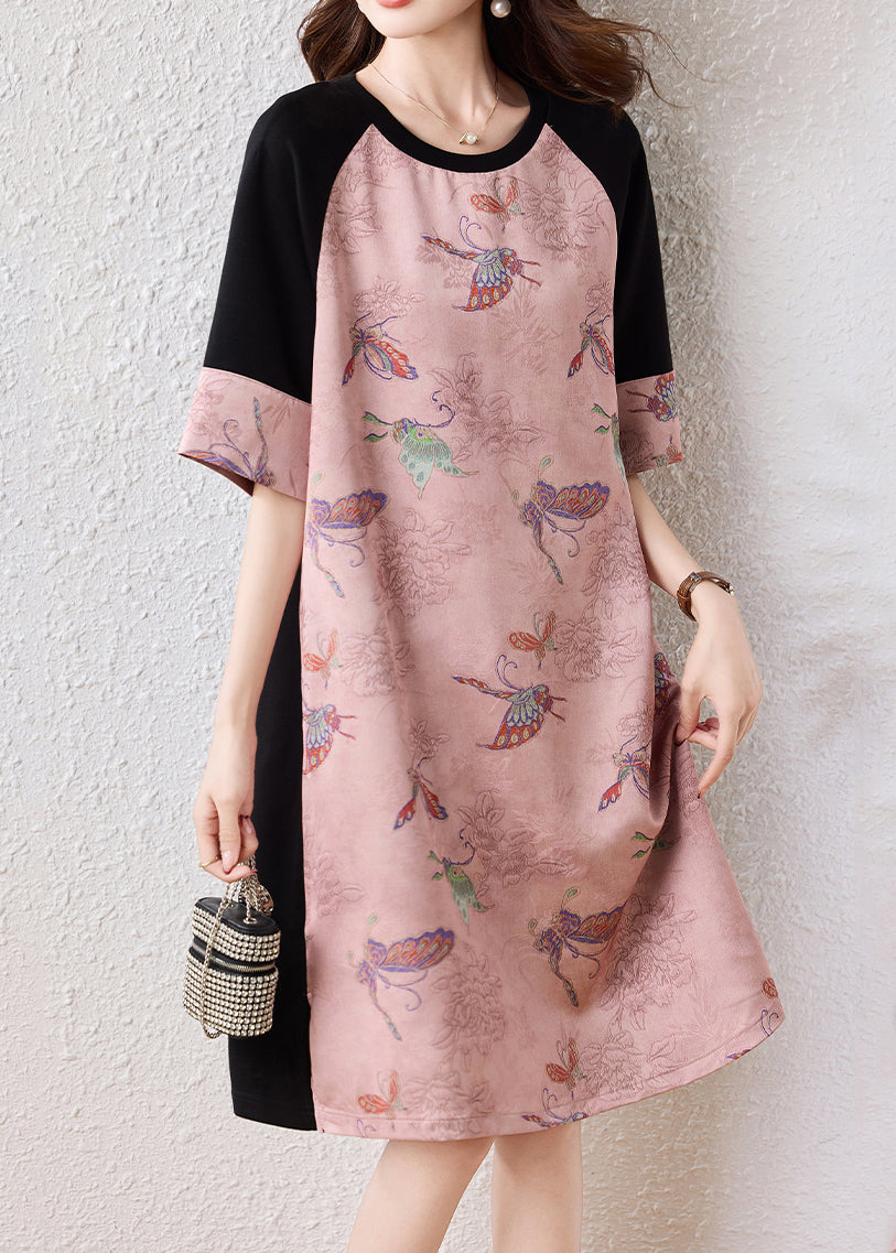 Women Pink Butterfly Patchwork Cotton A Line Dresses Half Sleeve