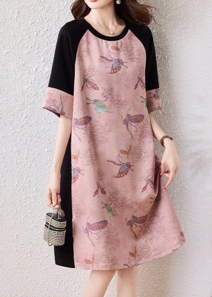 Women Pink Butterfly Patchwork Cotton A Line Dresses Half Sleeve